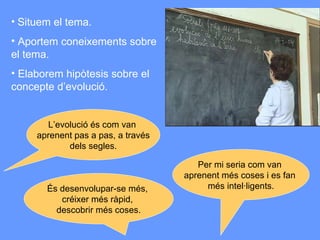 Situem el tema. Aportem coneixements sobre el tema. Elaborem hipòtesis sobre el concepte d’evolució. L’evolució   és com van  aprenent pas a pas, a través dels segles. És desenvolupar-se més,  créixer més ràpid,  descobrir més coses. Per mi seria com van  aprenent més coses i es fan  més intel·ligents. 