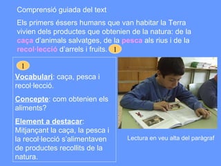Els primers éssers humans que van habitar la Terra vivien dels productes que obtenien de la natura: de la  caça   d’animals salvatges, de la  pesca  als rius i de la  recol·lecció  d’arrels i fruits.   1 Vocabulari : caça, pesca i recol·lecció. Concepte : com obtenien els aliments? Element a destacar : Mitjançant la caça, la pesca i la recol·lecció s’alimentaven de productes recollits de la natura. 1 Lectura en veu alta del paràgraf Comprensió guiada del text 