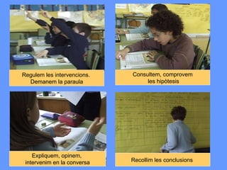 Recollim les conclusions  Consultem, comprovem les hipòtesis Regulem les intervencions.  Demanem la paraula Expliquem, opinem,  intervenim en la conversa 