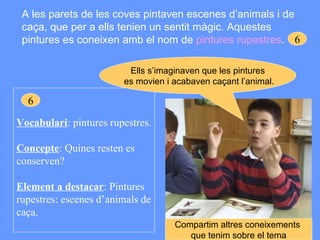 A les parets de les coves pintaven escenes d’animals i de caça, que per a ells tenien un sentit màgic. Aquestes pintures es coneixen amb el nom de  pintures rupestres . 6 Vocabulari : pintures rupestres. Concepte : Quines resten es conserven? Element a destacar : Pintures rupestres: escenes d’animals de caça. 6 Ells s’imaginaven que les pintures es movien i acabaven caçant l’animal. Compartim altres coneixements  que tenim sobre el tema 