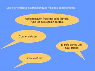 Les interferències d’altres llengües / d’altres coneixements Com el  palo  dur. El  palo  dur és una  arrel també. Està molt ric ! Recol·lectaven fruits del bosc i arrels.  Amb les arrels feien cordes. 