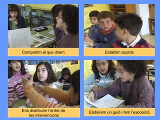 Compartim el que direm Ens distribuïm l’ordre de  les intervencions Establim acords Elaborem un guió i fem l’exposició 