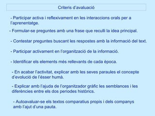 Criteris d’avaluació -  Participar activa i reflexivament en les interaccions orals per a l’aprenentatge. - Formular-se preguntes amb una frase que reculli la idea principal. - Contestar preguntes buscant les respostes amb la informació del text. - Participar activament en l’organització de la informació. - Identificar els elements més rellevants de cada època. - En acabar l’activitat, explicar amb les seves paraules el concepte d’evolució de l’ésser humà. - Explicar amb l’ajuda de l’organitzador gràfic les semblances i les diferències entre els dos períodes històrics. - Autoavaluar-se els textos comparatius propis i dels companys amb l’ajut d’una pauta. 