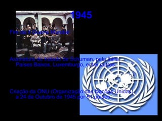 1945 Fim da II Guerra Mundial Assinatura do tratado de Schuman, pela Itália, Países Baixos, Luxemburgo, entre outros. Criação da ONU (Organização das Nações Unidas) a 24 de Outubro de 1945 por 51 países. 