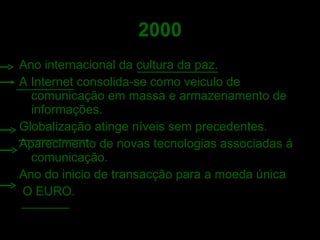 2000 Ano internacional da cultura da paz. A Internet consolida-se como veiculo de comunicação em massa e armazenamento de informações. Globalização atinge níveis sem precedentes. Aparecimento de novas tecnologias associadas á comunicação. Ano do inicio de transacção para a moeda única O EURO. 