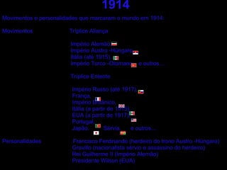 1914 Movimentos e personalidades que marcaram o mundo em 1914: Movimentos  Tríplice Aliança Império Alemão, Império Austro -Húngaro,  Itália (até 1915), Império Turco -Otomano  e outros… Tríplice Entente Império Russo (até 1917), França, Império Britânico, Itália (a partir de 1915), EUA (a partir de 1917), Portugal, Japão,  Sérvia,  e outros… Personalidades  Francisco Ferdinando (herdeiro do trono Austro -Húngaro) Gravillo (nacionalista sérvio e assassino do herdeiro) Rei Guilherme II (Império Alemão) Presidente Wilson (EUA) 