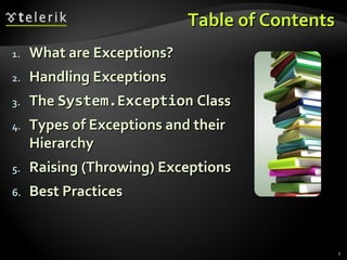 Table of ContentsTable of Contents
1.1. What are Exceptions?What are Exceptions?
2.2. Handling ExceptionsHandling Exceptions
3.3. TheThe System.ExceptionSystem.Exception ClassClass
4.4. Types of Exceptions and theirTypes of Exceptions and their
HierarchyHierarchy
5.5. RaisingRaising ((ThrowingThrowing)) ExceptionsExceptions
6.6. Best PracticesBest Practices
2
 