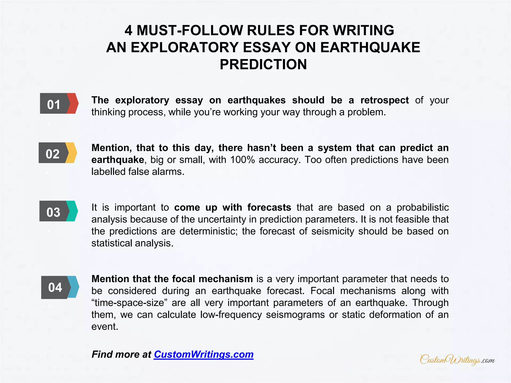 4 MUST-FOLLOW RULES FOR WRITING
AN EXPLORATORY ESSAY ON EARTHQUAKE
PREDICTION
The exploratory essay on earthquakes should be a retrospect of your
thinking process, while you’re working your way through a problem.
Mention, that to this day, there hasn’t been a system that can predict an
earthquake, big or small, with 100% accuracy. Too often predictions have been
labelled false alarms.
It is important to come up with forecasts that are based on a probabilistic
analysis because of the uncertainty in prediction parameters. It is not feasible that
the predictions are deterministic; the forecast of seismicity should be based on
statistical analysis.
Mention that the focal mechanism is a very important parameter that needs to
be considered during an earthquake forecast. Focal mechanisms along with
“time-space-size” are all very important parameters of an earthquake. Through
them, we can calculate low-frequency seismograms or static deformation of an
event.
Find more at CustomWritings.com
01
.
03
.
04
.
02
.
 