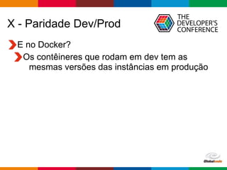 Globalcode – Open4education
X - Paridade Dev/Prod
E no Docker?
Os contêineres que rodam em dev tem as
mesmas versões das instâncias em produção
 