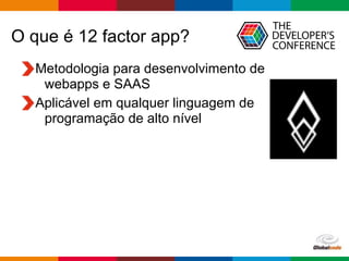 Globalcode – Open4education
O que é 12 factor app?
Metodologia para desenvolvimento de  
webapps e SAAS
Aplicável em qualquer linguagem de
programação de alto nível
 