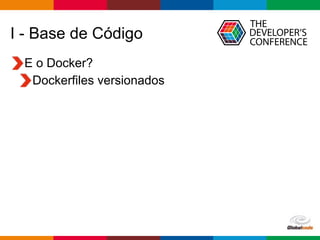 Globalcode – Open4education
I - Base de Código
E o Docker?
Dockerfiles versionados
 