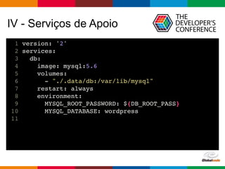 Globalcode – Open4education
IV - Serviços de Apoio
1 version: '2'
2 services:
3 db:
4 image: mysql:5.6
5 volumes:
6 - "./.data/db:/var/lib/mysql"
7 restart: always
8 environment:
9 MYSQL_ROOT_PASSWORD: ${DB_ROOT_PASS}
10 MYSQL_DATABASE: wordpress
11
 