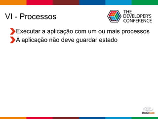 Globalcode – Open4education
VI - Processos
Executar a aplicação com um ou mais processos
A aplicação não deve guardar estado
 