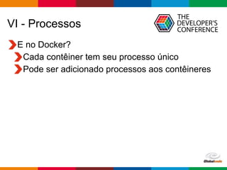 Globalcode – Open4education
VI - Processos
E no Docker?
Cada contêiner tem seu processo único
Pode ser adicionado processos aos contêineres
 