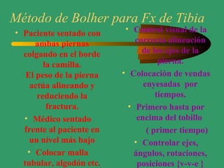 Método de Bolher para Fx de Tibia
• Paciente sentado con
ambas piernas
colgando en el borde
la camilla.
El peso de la pierna
actúa alineando y
reduciendo la
fractura.
• Médico sentado
frente al paciente en
un nivel más bajo
• Colocar malla
tubular, algodón etc.
• Control visual de la
correcta alineación
de los ejes de la
pierna.
• Colocación de vendas
enyesadas por
tiempos.
• Primero hasta por
encima del tobillo
( primer tiempo)
• Controlar ejes,
ángulos, rotaciones,
posiciones {v-v-e }
 