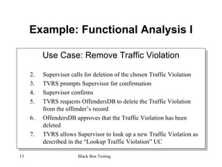 Example: Functional Analysis I Use Case: Remove Traffic Violation Supervisor calls for deletion of the chosen Traffic Violation TVRS prompts Supervisor for confirmation Supervisor confirms TVRS requests OffendersDB to delete the Traffic Violation from the offender’s record OffendersDB approves that the Traffic Violation has been deleted TVRS allows Supervisor to look up a new Traffic Violation as described in the “Lookup Traffic Violation” UC 
