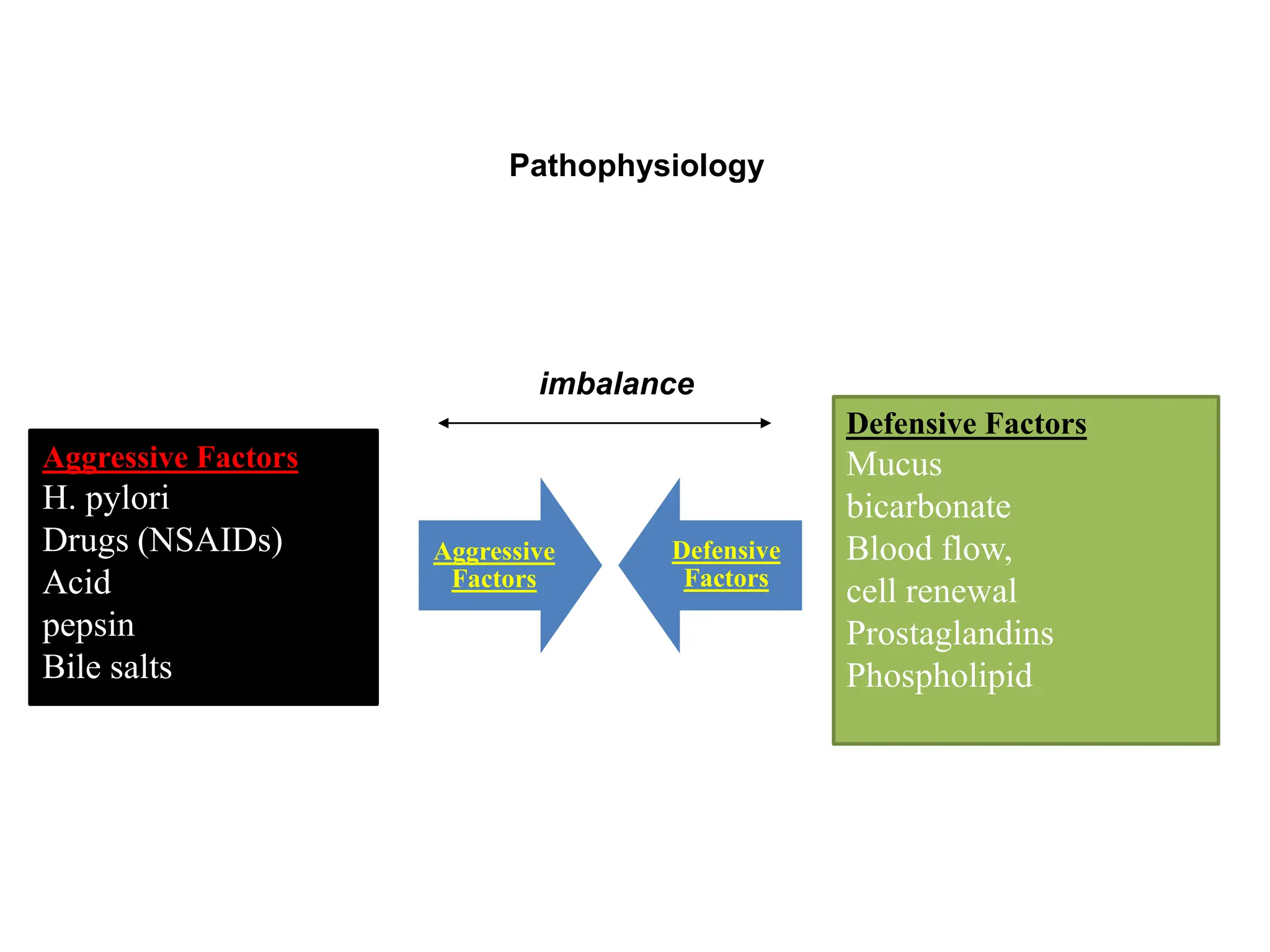 Aggressive Factors
H. pylori
Drugs (NSAIDs)
Acid
pepsin
Bile salts
Defensive Factors
Mucus
bicarbonate
Blood flow,
cell renewal
Prostaglandins
Phospholipid
Pathophysiology
imbalance
Aggressive
Factors
Defensive
Factors
 