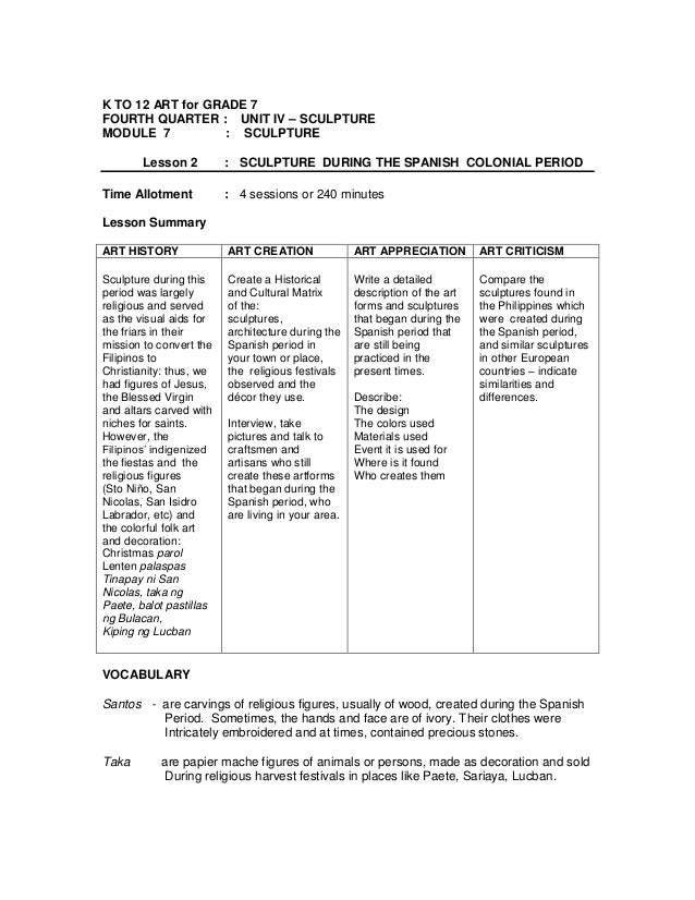 specification k-12 table of art tg (1)   4 7 (1) qtr 12 module sculpture,lesson grade  2 7