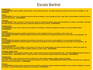 Escala Barthel
ALIMENTAÇÃO
(10) INDEPENDENTE. Capaz de utilkizar qualquer talher. Come em tempo razoável. (5) AJUDA. Necessita de ajuda para cortar, passar manteiga, etc (0)
DEPENDENTE.
BANHO
(10) INDEPENDENTE. Lava-se por completo em ducha ou banho de imersão, ou usa a esponja por todo o corpo. Entra e sai da banheira. Pode fazer tudo sem
ajuda de outra pessoa. (0) DEPENDENTE.
VESTUÁRIO
(10) INDEPENDENTE. Veste-se, despe-se e arruma a roupa. Amarra os cordões dos sapatos. Coloca cinta para hérnia ou o corpete, se necessário (5) AJUDA.
Necessita de ajuda, mas realiza pelo menos metade das tarefas em tempo razoável. (0) DEPENDENTE.
HIGIENE PESSOAL
(10) INDEPENDENTE. Lava o rosto, as mãos, escova os dentes, etc. Barbeia-se e utiliza sem problemas a tomada, no caso de aparelho eletrico
(0) DEPENDENTE.
DEJEÇÕES
(10) CONTINENTE. Não apresenta episódios de incontinência. Se são necessários enemas ou supositórios, coloca-os por si só.
(5) INCONTINENTE OCASIONAL. Apresenta episódios ocasionais de incontinência ou necessita de ajuda para o uso de sondas ou outro dispositivo. (0)
INCONTINENTE
MICÇÃO
(10) CONTINENTE. Não apresenta episódios de incontinência. Quando faz uso de sonda ou outro dispositivo, toma suas própria providências.
(5) INCONTINENTE OCASIONAL. Apresenta episódios ocasionais de incontinência ou necessita de ajuda para o uso de sonda ou outro dispositivo. (0)
INCONTINENTE
USO DO VASO SANITÁRIO
(10) INDEPENDENTE. Usa o vaso sanitário ou urinol. Senta-se e levanta-se sem ajuda (embora use barras de apoio). Limpa-se e veste-se sem ajuda (5)
AJUDA. Necessita de ajuda para manter o equilíbrio, limpar-se e vestir a roupa. (0) DEPENDENTE.
PASSAGEM CADEIRA-CAMA
(15) INDEPENDENTE. Não necessita de qualquer ajuda, se utiliza cadeira de rodas, faz isso independentemente. (10) AJUDA MÏNIMA.Necessita de ajuda ou
supervisão mínimas (05) GRANDE AJUDA . É capaz de sentar-se mas necessita de assistência total para a passagem (0) DEPENDENTE.
DEAMBULAÇÃO
(15) INDEPENDENTE. Pode cominhar sem ajuda por até 50 metros, embora utilize bengalas, muletas, proteses ou andador.
(10) AJUDA. Pode caminhar até 50 metros, mas necessita de ajuda ou supervisão (5) INDEPENDENTE EM CADEIRA DE RODAS. Movimenta-se na cadeira de
rodas, por pelo menos 50 metros. (0) DEPENDENTE.
ESCADAS
(10) INDEPENDENTE. É capaz de subir ou descer escadas sem ajuda ou supervisão, embora necessite de dispositivos como muletas ou bengala ou se apoie
Prof. Amadeu
19
no corrimão (5) AJUDA. Necessita de ajuda física ou supervisão (0) DEPENDENTE.

 