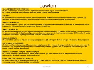 Lawton

CAPACIDADE PARA USAR O TELEFONE
(1) Usa o telefone por iniciativa própria. (1) É capaz de anotar bem alguns números familiares.
(1) É capaz de atender uma chamada, mas não anotar (0) Não utiliza o telefone.
COMPRAS
(1) Realiza todas as compras necessárias independentemente. (0) Realiza independentemente pequenas compras. (0)
Necessita de ir acompanhado para realizar qualquer compra (0) Totalmente incapaz de fazer compras.
PREPARAR AS REFEIÇÕES
(1) Organiza prepara e serve , por si só, adequadamente. (0) Prepara adequadamente as refeições, se lhe são oferecidos os
ingredientes (0) Necessita que lhe preparem e sircvam as refeições.
TAREFAS DOMÉSTICAS
(1) Mantém a casa sozinho ou com ajuda ocasional (para trabalhos pesados). (1) Realiza tarefas ligeiras, como lavar a louça
ou fazer as camas. (1) Realiza tarefas ligeiras, mas não pode manter um nível de limpeza adequado. (1) Necessita de ajuda
nas tarefas domésticas. (0) Não participa em nenhuma tarefa doméstica
LAVAGEM DE ROUPA
(1) Lava toda a sua roupa. (1) Lava apenas peças pequenas. (0) A lavagem de toda a roupa esta a cargo de outra pessoa
USO DE MEIOS DE TRANSPORTE
(1) Viaja sozinho em transporte público ou em seu próprio carro. (1) É capaz de pegar um taxi, mas não usa outro meio de
transporte. (1) Viaja em transporte público, quando acompanhado. (0) Utiliza taxi ou automóvel somente co ajuda de
outros. (0) Não viaja de jeito nenhum.
RESPONSABILIDADE EM RELAÇÃO A SUA MEDICAÇÃO
(1) É capaz de tomar a medicação na hora e doses corretas. (0) Toma a medicação se lhe prepararem as doses
previamente. (0) Não é capaz de tomar medicação.
GESTÃO DOS SEUS ASSUNTOS ECONÔMICOS
(1) Toma a seu cargo os seus assuntos econômicos. (1)Necessita as compras de cada dia, mas necessita de ajuda nas
compras grandes. (0)Incapaz de lidar com dinheiro.

Prof. Amadeu

24

 