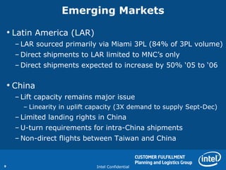 Emerging Markets <ul><li>Latin America (LAR) </li></ul><ul><ul><li>LAR sourced primarily via Miami 3PL (84% of 3PL volume)...