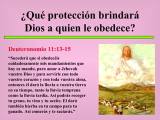 ¿Qué protección brindará Dios a quien le obedece? Deuteronomio 11:13-15 “ Sucederá que si obedecéis cuidadosamente mis mandamientos que hoy os mando, para amar a Jehovah vuestro Dios y para servirle con todo vuestro corazón y con toda vuestra alma, entonces él dará la lluvia a vuestra tierra en su tiempo, tanto la lluvia temprana como la lluvia tardía. Así podrás recoger tu grano, tu vino y tu aceite. El dará también hierba en tu campo para tu ganado. Así comerás y te saciarás.” 