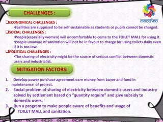 CHALLENGES :
ECONOMICAL CHALLENGES :
•Facilities are supposed to be self sustainable as students or pupils cannot be charged.
SOCIAL CHALLENGES :
•People(especially women) will uncomfortable to come to the TOILET MALL for using it.
•People unaware of sanitation will not be in favour to charge for using toilets daily even
if it is too low.
POLITICAL CHALLENGES :
•The sharing of electricity might be the source of serious conflict between domestic
users and industrialist.
MITIGATION FACTORS:
1. Develop power purchase agreement earn money from buyer and fund in
maintenance of project.
2. Social problem of sharing of electricity between domestic users and industry
solved by settlement based on “quantity require” and give subsidy to
domestic users.
3. Run a program to make people aware of benefits and usage of
TOILET MALL and sanitation.
 