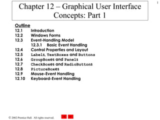 Chapter 12 – Graphical User Interface Concepts: Part 1 Outline 12.1 Introduction 12.2   Windows Forms 12.3   Event-Handling Model 12.3.1  Basic Event Handling 12.4   Control Properties and Layout 12.5   Label s,  TextBoxes  and  Buttons 12.6   GroupBox es and  Panel s 12.7   CheckBox es and  RadioButton s 12.8   PictureBox es 12.9   Mouse-Event Handling 12.10   Keyboard-Event Handling 