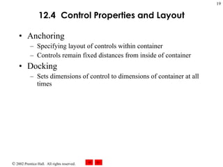 12.4   Control Properties and Layout Anchoring Specifying layout of controls within container Controls remain fixed distances from inside of container Docking Sets dimensions of control to dimensions of container at all times 