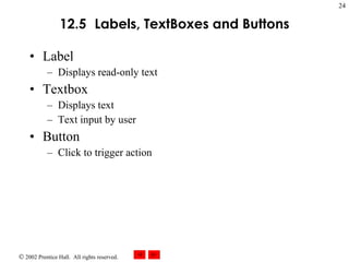 12.5   Label s,  TextBoxes  and  Buttons Label Displays read-only text Textbox Displays text Text input by user Button Click to trigger action 