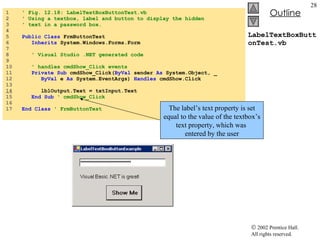 LabelTextBoxButtonTest.vb 1  ' Fig. 12.18: LabelTextBoxButtonTest.vb 2  ' Using a textbox, label and button to display the hidden 3  ' text in a password box. 4  5  Public   Class  FrmButtonTest 6  Inherits  System.Windows.Forms.Form 7  8  ' Visual Studio .NET generated code 9  10  ' handles cmdShow_Click events 11  Private Sub  cmdShow_Click( ByVal  sender  As  System.Object, _ 12  ByVal  e  As  System.EventArgs)  Handles  cmdShow.Click 13  14   lblOutput.Text = txtInput.Text 15  End Sub  ' cmdShow_Click 16  17  End Class  ' FrmButtonTest The label’s text property is set equal to the value of the textbox’s text property, which was  entered by the user 