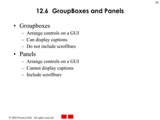 12.6   GroupBox es and  Panel s Groupboxes Arrange controls on a GUI Can display captions Do not include scrollbars Panels Arrange controls on a GUI Cannot display captions Include scrollbars 