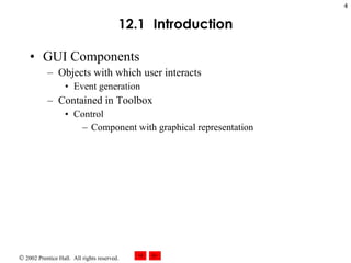 12.1 Introduction GUI Components Objects with which user interacts Event generation Contained in Toolbox Control Component with graphical representation 