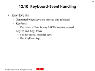 12.10  Keyboard-Event Handling Key Events Generated when keys are pressed and released KeyPress Can return a Char for any ASCII character pressed KeyUp and KeyDown Test for special modifier keys Use KeyEventArgs 