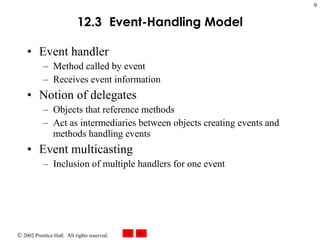12.3   Event-Handling Model Event handler Method called by event Receives event information Notion of delegates Objects that reference methods Act as intermediaries between objects creating events and methods handling events Event multicasting Inclusion of multiple handlers for one event 