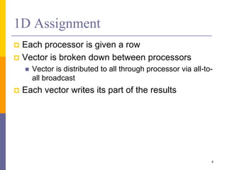 1D Assignment
 Each processor is given a row
 Vector is broken down between processors
 Vector is distributed to all through processor via all-to-
all broadcast
 Each vector writes its part of the results
4
 