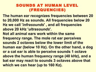 SOUNDS AT HUMAN LEVEL  (FREQUENCIES)   The human ear recognizes frequencies between 20 to 20,000 Hz as sounds. All frequencies below 20 Hz we call ' infrasounds ' , and all frequencies above 20 kHz ' ultrasounds '.  Not all animal ears work within the same frequency range. The mole rat ear perceives sounds 2 octaves below the lower limit of the human ear (below 10 Hz). On the other hand, a dog or a cat ear is able to perceive sounds 1 octave above the human frequency range (40 kHz), and a bat ear may react to sounds 3 octaves above that which we can hear (up to 160 Kz).  