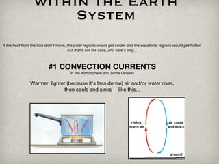 Heat Distribution within the Earth System If the heat from the Sun didn’t move, the polar regions would get colder and the equatorial regions would get hotter, but that’s not the case, and here’s why... #1 CONVECTION CURRENTS in the Atmosphere and in the Oceans Warmer, lighter (because it’s less dense) air and/or water rises, then cools and sinks -- like this...  