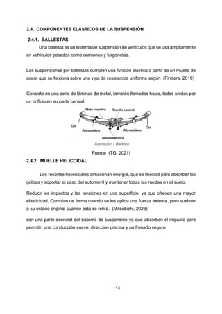 14
2.4. COMPONENTES ELÁSTICOS DE LA SUSPENSIÓN
2.4.1. BALLESTAS
Una ballesta es un sistema de suspensión de vehículos que se usa ampliamente
en vehículos pesados como camiones y furgonetas.
Las suspensiones por ballestas cumplen una función elástica a partir de un muelle de
acero que se flexiona sobre una viga de resistencia uniforme según (Finders, 2010)
Consiste en una serie de láminas de metal, también llamadas hojas, todas unidas por
un orificio en su parte central.
Ilustración 1 Ballesta
Fuente (TG, 2021)
2.4.2. MUELLE HELICOIDAL
Los resortes helicoidales almacenan energía, que se liberará para absorber los
golpes y soportar el peso del automóvil y mantener todas las ruedas en el suelo.
Reducir los impactos y las tensiones en una superficie, ya que ofrecen una mayor
elasticidad. Cambian de forma cuando se les aplica una fuerza externa, pero vuelven
a su estado original cuando esta se retira. (Mitsubishi, 2023)
son una parte esencial del sistema de suspensión ya que absorben el impacto para
permitir, una conducción suave, dirección precisa y un frenado seguro.
 