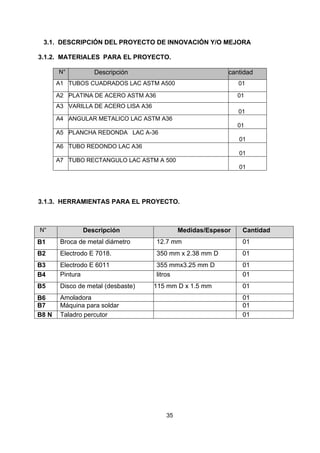 35
3.1. DESCRIPCIÓN DEL PROYECTO DE INNOVACIÓN Y/O MEJORA
3.1.2. MATERIALES PARA EL PROYECTO.
N° Descripción cantidad
A1 TUBOS CUADRADOS LAC ASTM A500 01
A2 PLATINA DE ACERO ASTM A36 01
A3 VARILLA DE ACERO LISA A36
01
A4 ANGULAR METALICO LAC ASTM A36
01
A5 PLANCHA REDONDA LAC A-36
01
A6 TUBO REDONDO LAC A36
01
A7 TUBO RECTANGULO LAC ASTM A 500
01
3.1.3. HERRAMIENTAS PARA EL PROYECTO.
N° Descripción Medidas/Espesor Cantidad
B1 Broca de metal diámetro 12.7 mm 01
B2 Electrodo E 7018. 350 mm x 2.38 mm D 01
B3 Electrodo E 6011 355 mmx3.25 mm D 01
B4 Pintura litros 01
B5 Disco de metal (desbaste) 115 mm D x 1.5 mm 01
B6 Amoladora 01
B7 Máquina para soldar 01
B8 N Taladro percutor 01
 