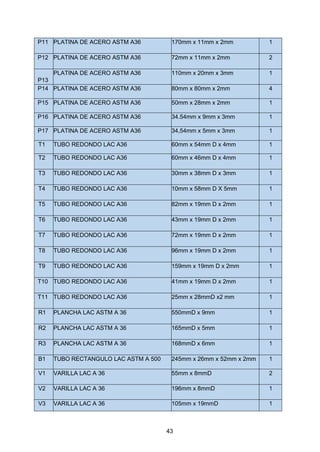 43
P11 PLATINA DE ACERO ASTM A36 170mm x 11mm x 2mm 1
P12 PLATINA DE ACERO ASTM A36 72mm x 11mm x 2mm 2
P13
PLATINA DE ACERO ASTM A36 110mm x 20mm x 3mm 1
P14 PLATINA DE ACERO ASTM A36 80mm x 80mm x 2mm 4
P15 PLATINA DE ACERO ASTM A36 50mm x 28mm x 2mm 1
P16 PLATINA DE ACERO ASTM A36 34.54mm x 9mm x 3mm 1
P17 PLATINA DE ACERO ASTM A36 34,54mm x 5mm x 3mm 1
T1 TUBO REDONDO LAC A36 60mm x 54mm D x 4mm 1
T2 TUBO REDONDO LAC A36 60mm x 46mm D x 4mm 1
T3 TUBO REDONDO LAC A36 30mm x 38mm D x 3mm 1
T4 TUBO REDONDO LAC A36 10mm x 58mm D X 5mm 1
T5 TUBO REDONDO LAC A36 82mm x 19mm D x 2mm 1
T6 TUBO REDONDO LAC A36 43mm x 19mm D x 2mm 1
T7 TUBO REDONDO LAC A36 72mm x 19mm D x 2mm 1
T8 TUBO REDONDO LAC A36 96mm x 19mm D x 2mm 1
T9 TUBO REDONDO LAC A36 159mm x 19mm D x 2mm 1
T10 TUBO REDONDO LAC A36 41mm x 19mm D x 2mm 1
T11 TUBO REDONDO LAC A36 25mm x 28mmD x2 mm 1
R1 PLANCHA LAC ASTM A 36 550mmD x 9mm 1
R2 PLANCHA LAC ASTM A 36 165mmD x 5mm 1
R3 PLANCHA LAC ASTM A 36 168mmD x 6mm 1
B1 TUBO RECTANGULO LAC ASTM A 500 245mm x 26mm x 52mm x 2mm 1
V1 VARILLA LAC A 36 55mm x 8mmD 2
V2 VARILLA LAC A 36 196mm x 8mmD 1
V3 VARILLA LAC A 36 105mm x 19mmD 1
 