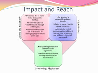 Impact and Reach
•Death-rate due to water-
borne diseases like
diarrhea.
•Availability of clean
water to masses through-
out the year.
•Improvement of health
can be measured by
employing regular health
check-ups.
•Our solution is
sustainable and eco-
friendly.
•It helps in conserving the
natural resources.
•Although the cost of
implementation is high, it
is a one-time investment
and will prove boon-full
year-round.
•Stringent implementation
of the rules and
regulations.
•Monthly tours to inspect
the implementation and
maintenance.
CriteriaandScalability
Sustainability
Monitoring Mechanism
 