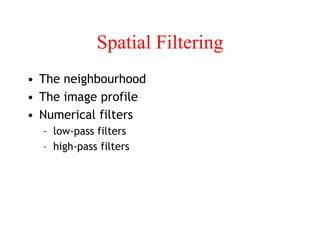 Spatial Filtering
• The neighbourhood
• The image profile
• Numerical filters
– low-pass filters
– high-pass filters
 