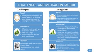 CHALLENGES AND MITIGATION FACTOR
Challenges: Mitigation:
Social
• People may not understand the
need of water fit for drinking.
• Some people may refuse to
accept good sanitation habits.
Economical
• Difficult to make people agree
for financial contribution
• Initial cost is high.
• Private Companies may not
agree to contribute.
Technical
•Pumping of water may be costly
in some areas.
•Maintenance of data in MIS
system
Social
•Relating these problems to their social
respect and status.
•Creating awareness among people by
conducting social gatherings and
awareness programs.
Economical
• Convincing the people that they
will be getting manure from
Ecosan Toilets.
• In the long term it will contribute
to a cleaner and healthier society
• Convincing the companies that
their share will help to advertise
their product.
Technical
•In such cases we would filter the water
from hand pump using purioin and give
it for drinking purpose
•Training of operators by skilled
professionals. 10
 