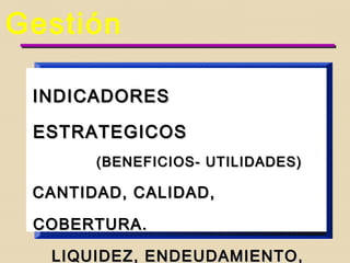 Procesos
INDICADORESINDICADORES
PRODUCTIVOSPRODUCTIVOS
(ELABORACION)(ELABORACION)
•PRODUCCION, RECHAZOS, COSTOPRODUCCION, RECHAZOS, COSTO
•INVENTARIOS PROCESO.INVENTARIOS PROCESO.
•CAPACIDAD INSTALADA.CAPACIDAD INSTALADA.
 