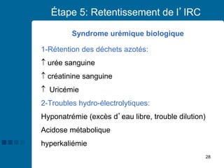 28
Étape 5: Retentissement de l’IRC
1-Rétention des déchets azotés:
 urée sanguine
 créatinine sanguine
 Uricémie
2-Troubles hydro-électrolytiques:
Hyponatrémie (excès d’eau libre, trouble dilution)
Acidose métabolique
hyperkaliémie
Syndrome urémique biologique
 