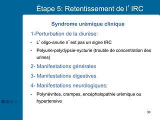 30
Étape 5: Retentissement de l’IRC
Syndrome urémique clinique
1-Perturbation de la diurèse:
- L’oligo-anurie n’est pas un signe IRC
- Polyurie-polydypsie-nycturie (trouble de concentration des
urines)
2- Manifestations générales
3- Manifestations digestives
4- Manifestations neurologiques:
- Polynévrites, crampes, encéphalopathie urémique ou
hypertensive
 