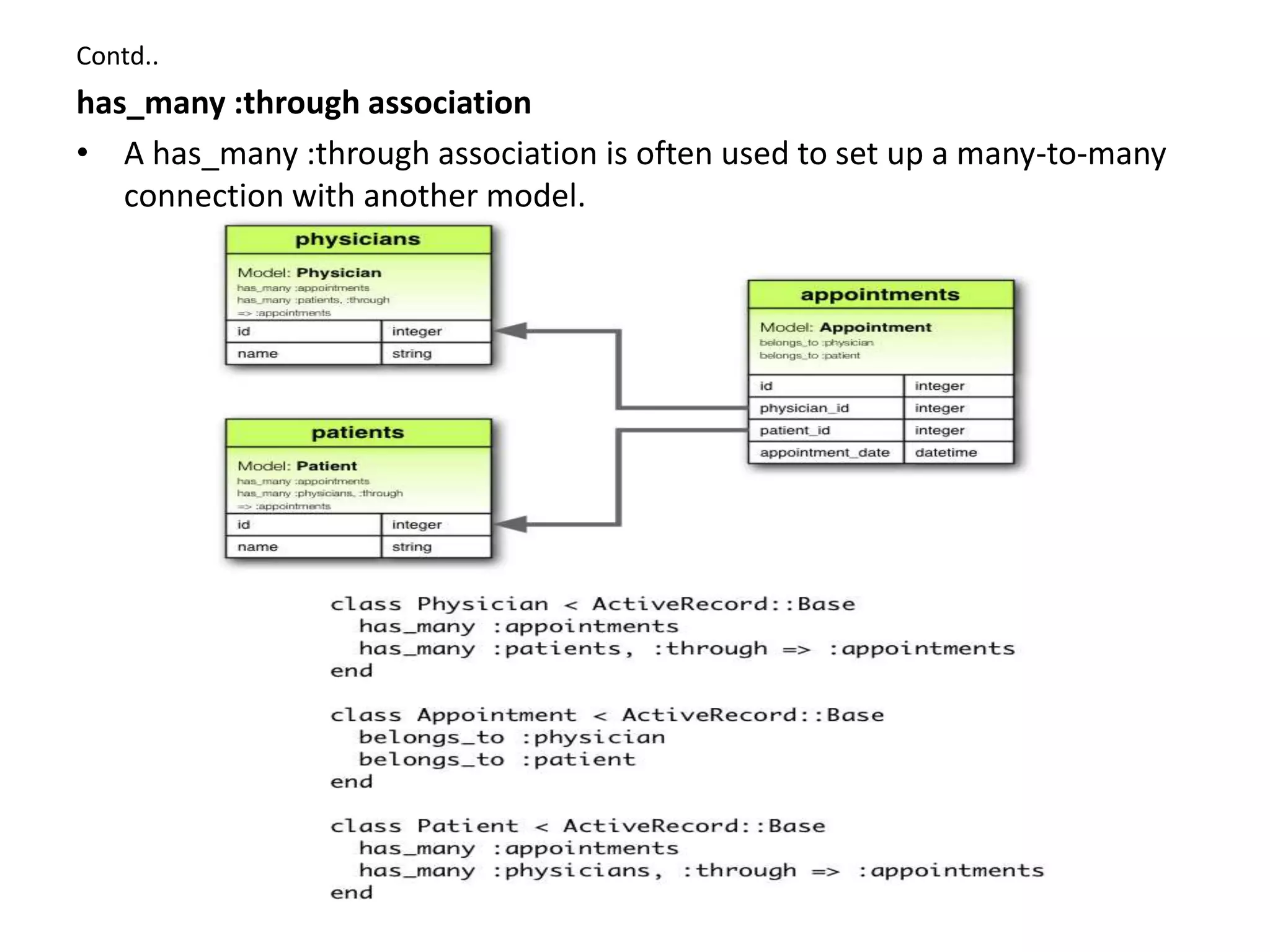 Contd.. has_many :through association • A has_many :through association is often used to set up a many-to-many connection with another model. 