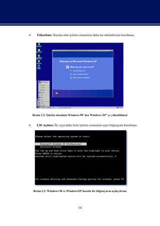       Yükseltme: Kurulu olan iş
                               letim sisteminin daha üst sürümlerinin kurulması
                                                                              ,




    Resim 2 .2: İletim siteminin Windows 98’ den Windows XP’ ye yükseltilmesi
                 ş


      Çift Açı İ veya daha fazla iş
              lma: ki              letim sisteminin aynıbilgisayara kurulması
                                                                            .




    Resim 2.3: Windows 98 ve WindowsXP kurulu bir bilgisayarıaçış
                                                            n  lıekranı




                                       14
 