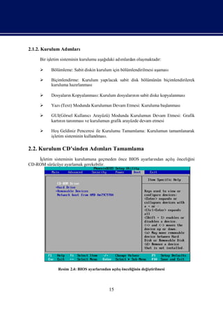 2.1.2. Kurulum Adı
                 mları

          letim sisteminin kurulumu aş ı adı
     Bir iş                          ağdaki mlardan oluş
                                                       maktadı
                                                             r:

         Bölümleme: Sabit diskin kurulum için bölümlendirilmesi aş
                                                                  aması

         Biçimlendirme: Kurulum yapı
                                    lacak sabit disk bölümünün biçimlendirilerek
          kuruluma hazı
                      rlanması

         DosyalarıKopyalanması
                  n           : Kurulum dosyaları n sabit diske kopyalanması
                                                nı

         Yazı(Text) Modunda Kurulumun Devam Etmesi: Kuruluma baş
                                                                lanması

         GUI(Görsel Kullanı Arayüzü) Modunda Kurulumun Devam Etmesi: Grafik
                           cı
          kartı n tanı
              nı     nması kurulumun grafik arayüzde devam etmesi
                          ve

         Hoş  Geldiniz Penceresi ile Kurulumu Tamamlama: Kurulumun tamamlanarak
          iş
           letim sisteminin kullanı .
                                  lması

2.2. Kurulum CD’sinden Adı
                         mlarıTamamlama
    İş                                                     ndan açışönceliğ
     letim sisteminin kurulumuna geçmeden önce BIOS ayarları      lı      ini
CD-ROM sürücüye ayarlamak gerekebilir.




             Resim 2.4: BIOS ayarları
                                    ndan açış
                                           lıönceliğ değ tirilmesi
                                                    inin iş




                                       15
 